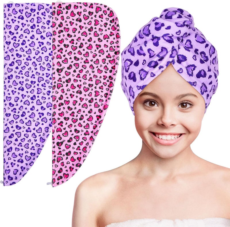 Basumee Microfiber Hair Towel Wrap for Kids 2 Pack Rapid Drying Hair Towel with Button Hair Turbans for Wet Hair Wraps Head Towel Wrap for Women and Girls - Image 1